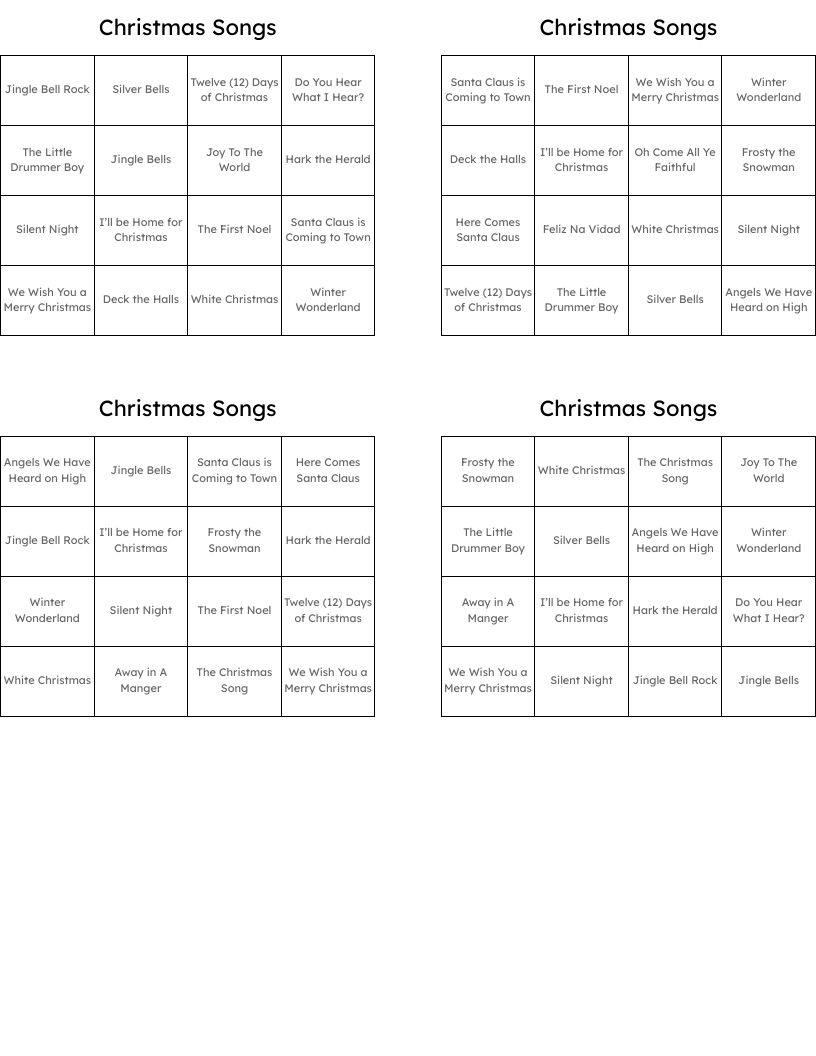 Christmas Songs Bingo Cards