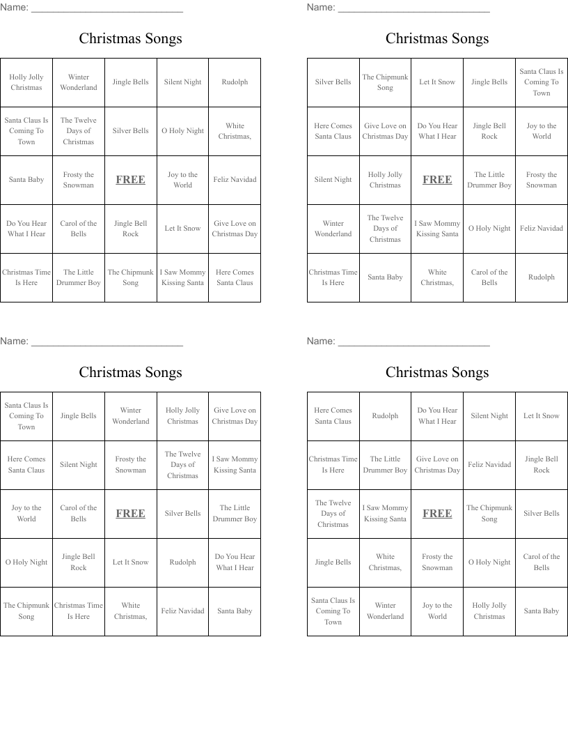 Christmas Songs Bingo Cards