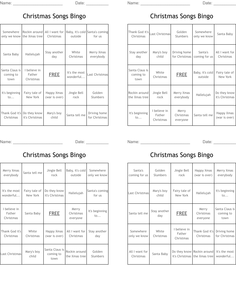 Christmas Songs Bingo