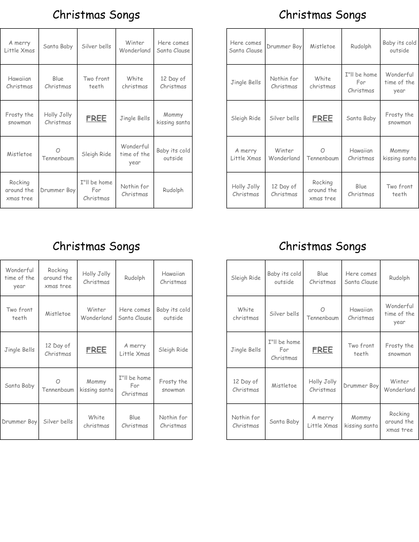 Christmas Songs  Bingo Cards
