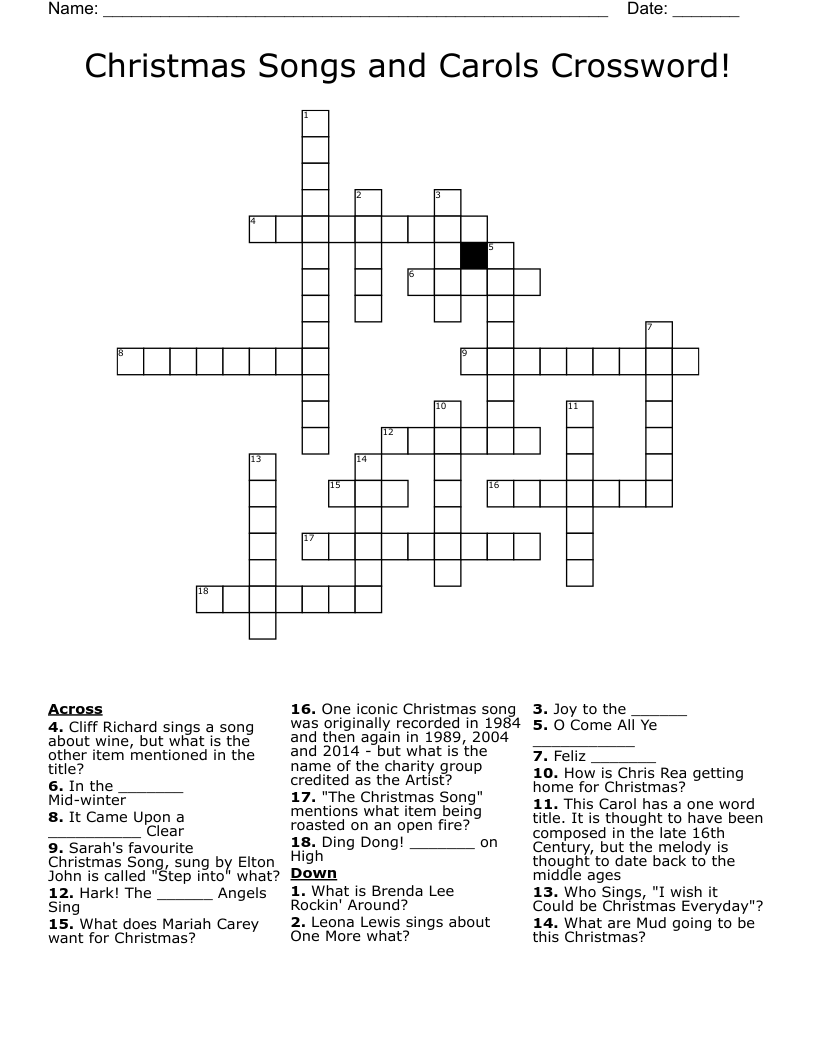 Christmas Songs and Carols Crossword!