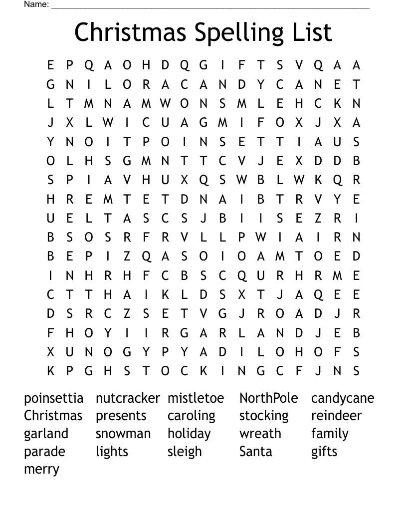 Christmas Spelling List Word Search