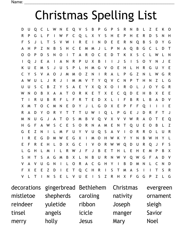 Christmas Spelling List Word Search