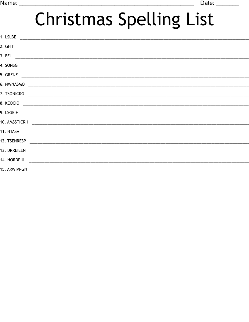 Christmas Spelling List Word Scramble