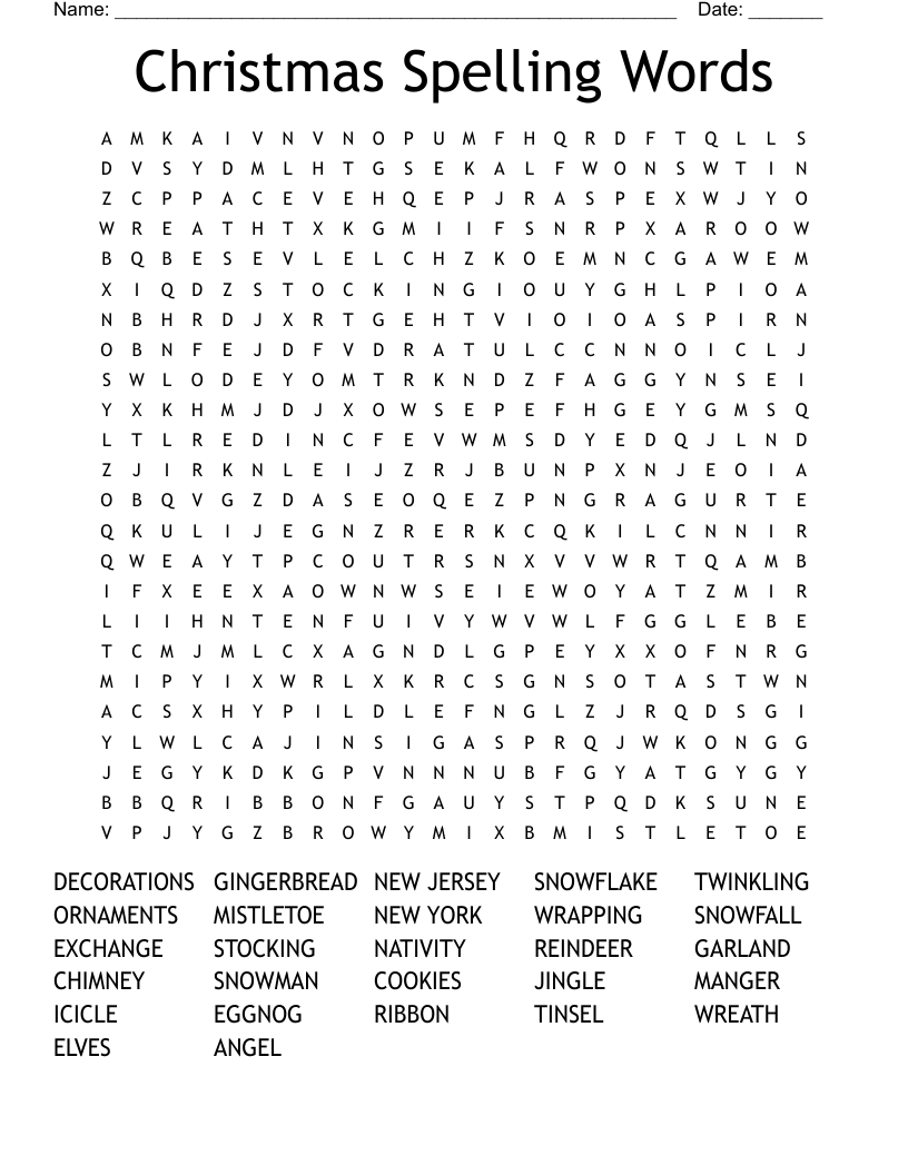 Christmas Spelling Words Word Search