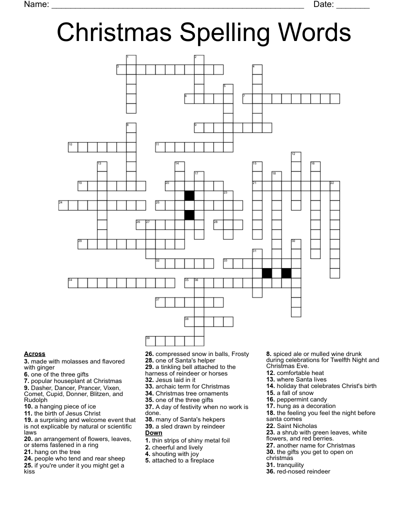 Christmas Spelling Words Crossword