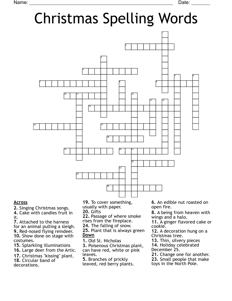 Christmas Spelling Words Crossword
