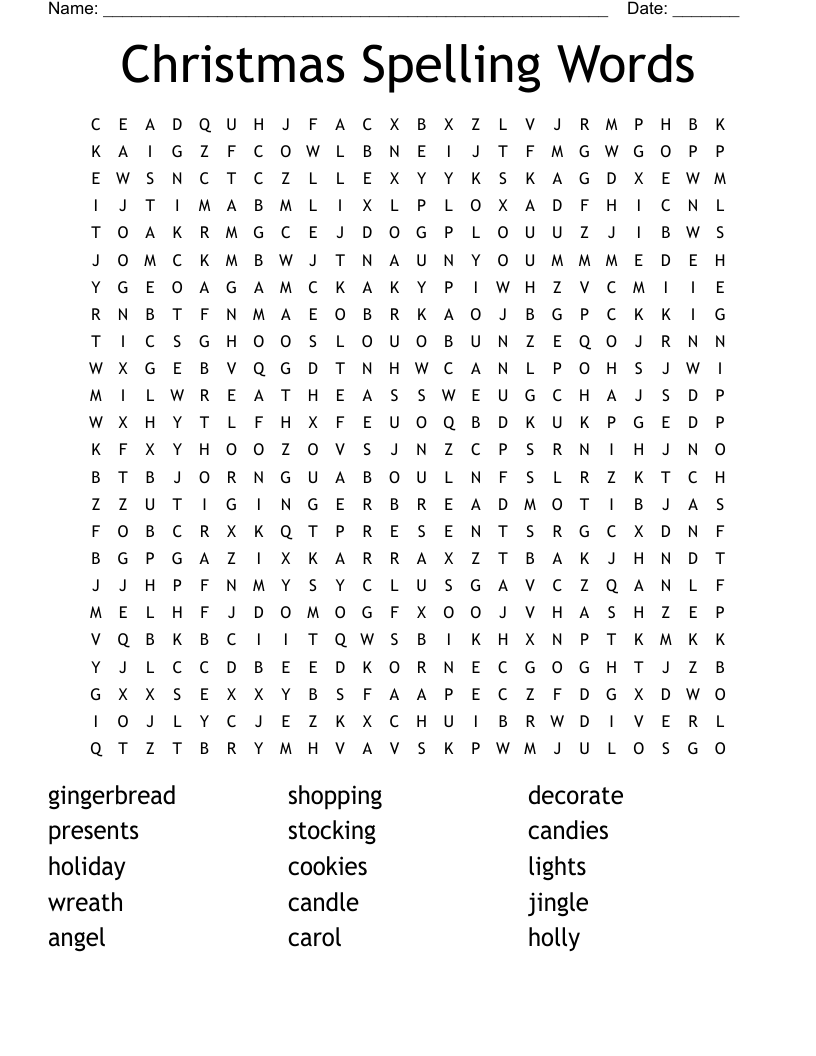 Christmas Spelling Words Word Search
