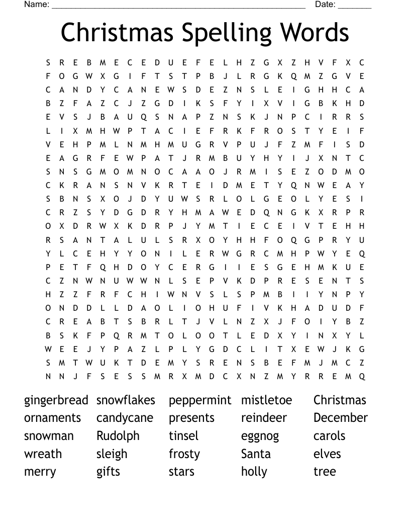 Christmas Spelling Words Word Search