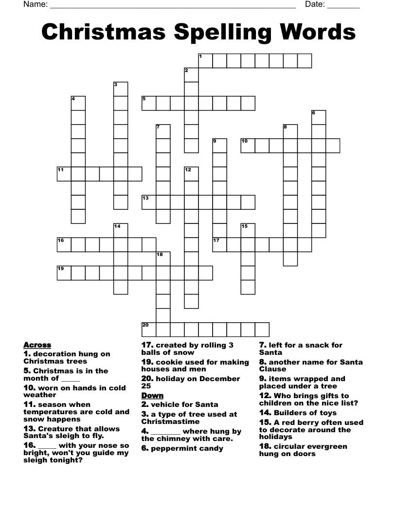 Christmas Spelling Words Crossword