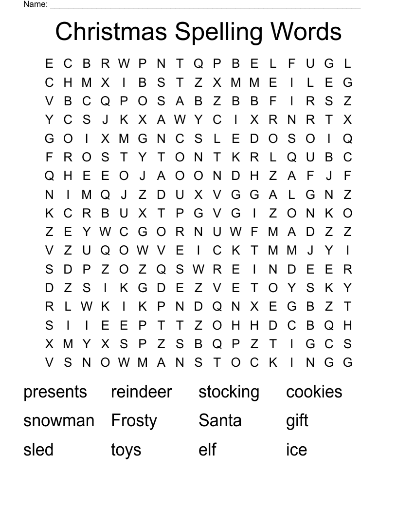 Christmas Spelling Words Word Search