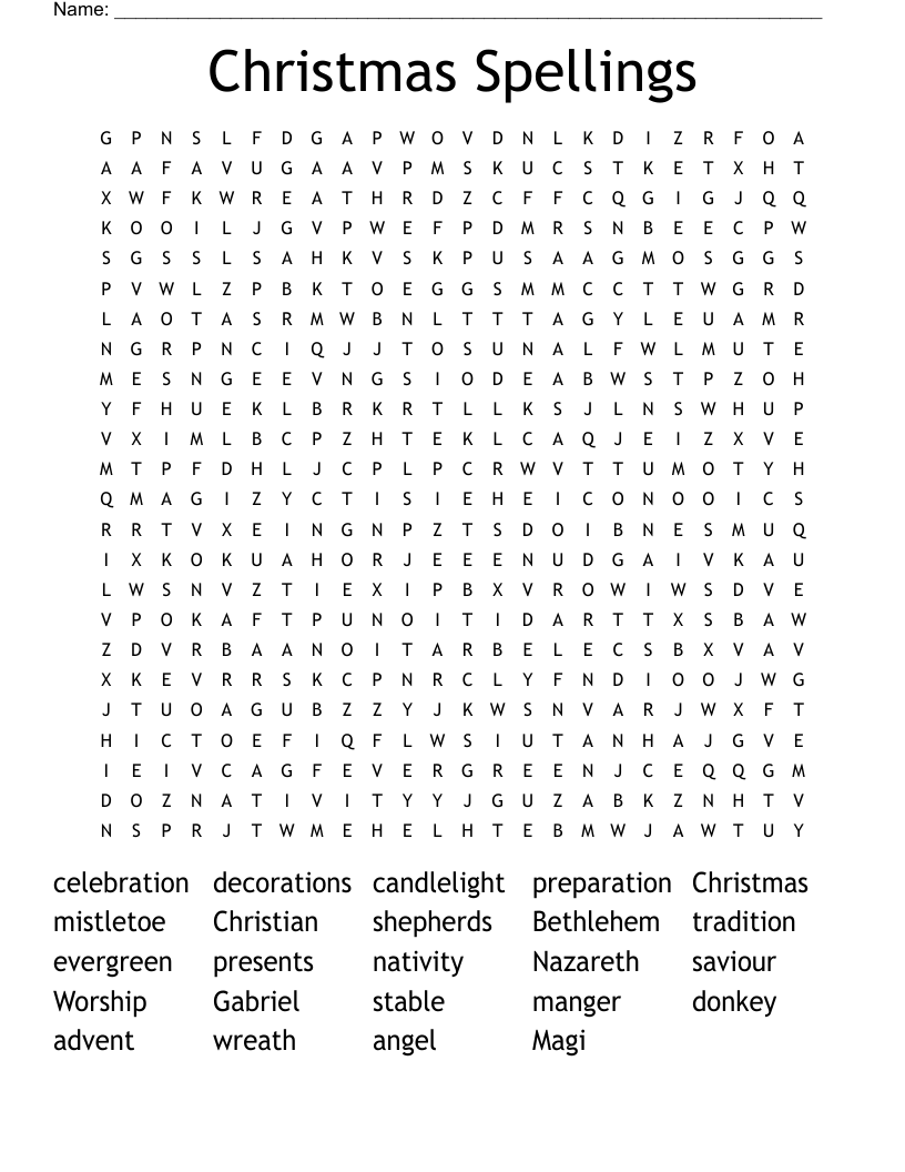 Christmas Spellings Word Search