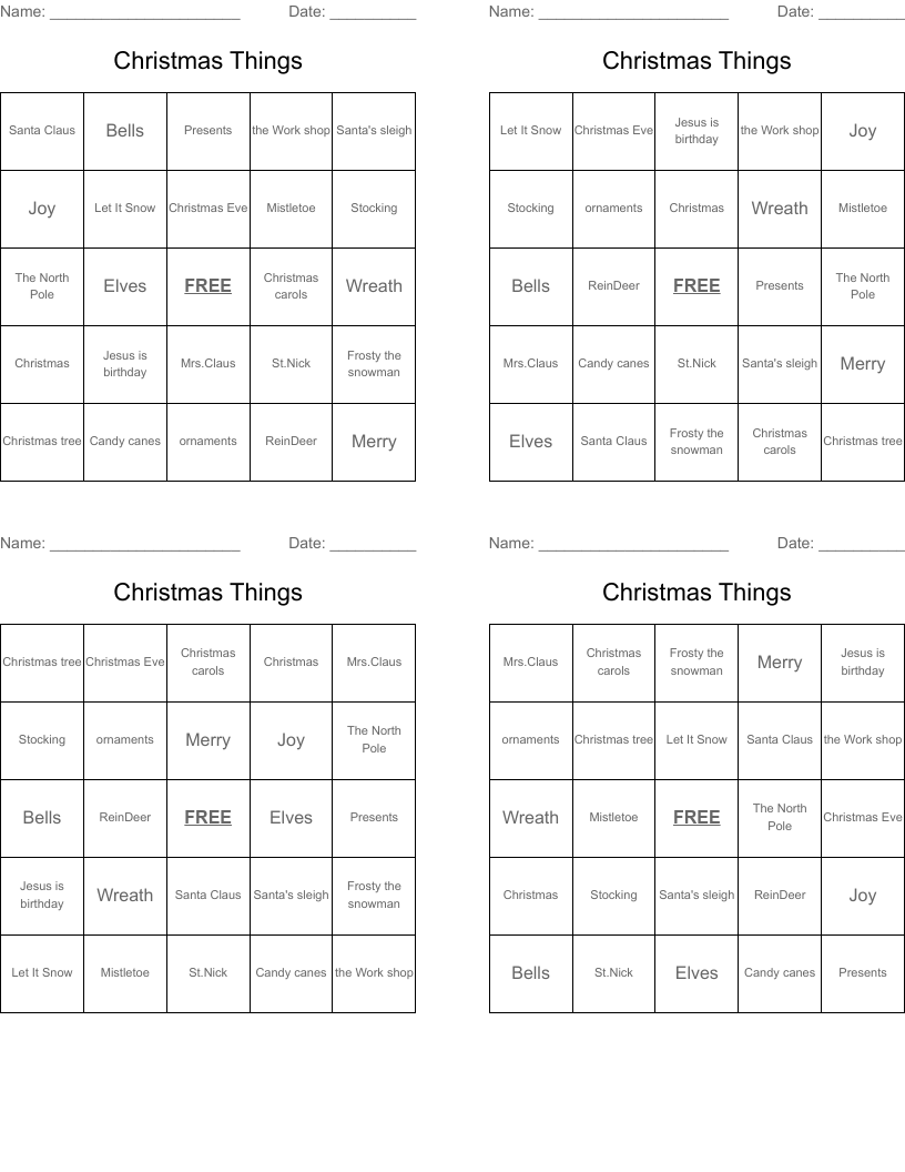 Christmas Things Bingo Cards