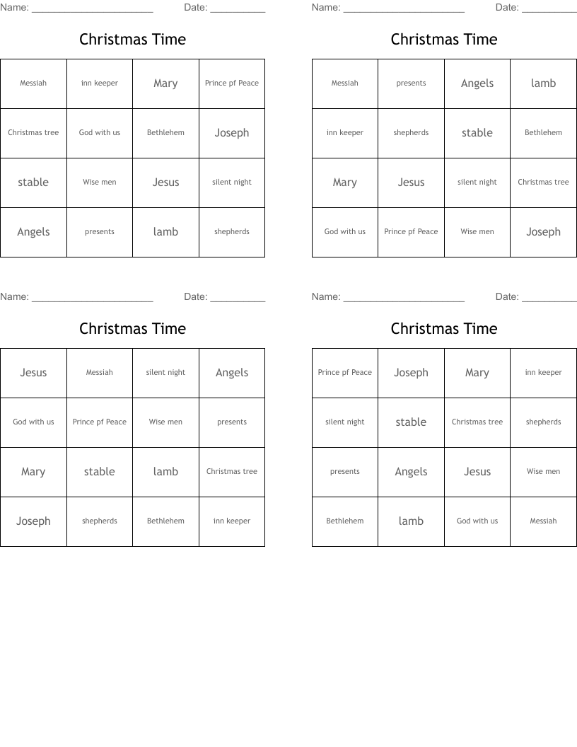 Christmas Time Bingo Cards