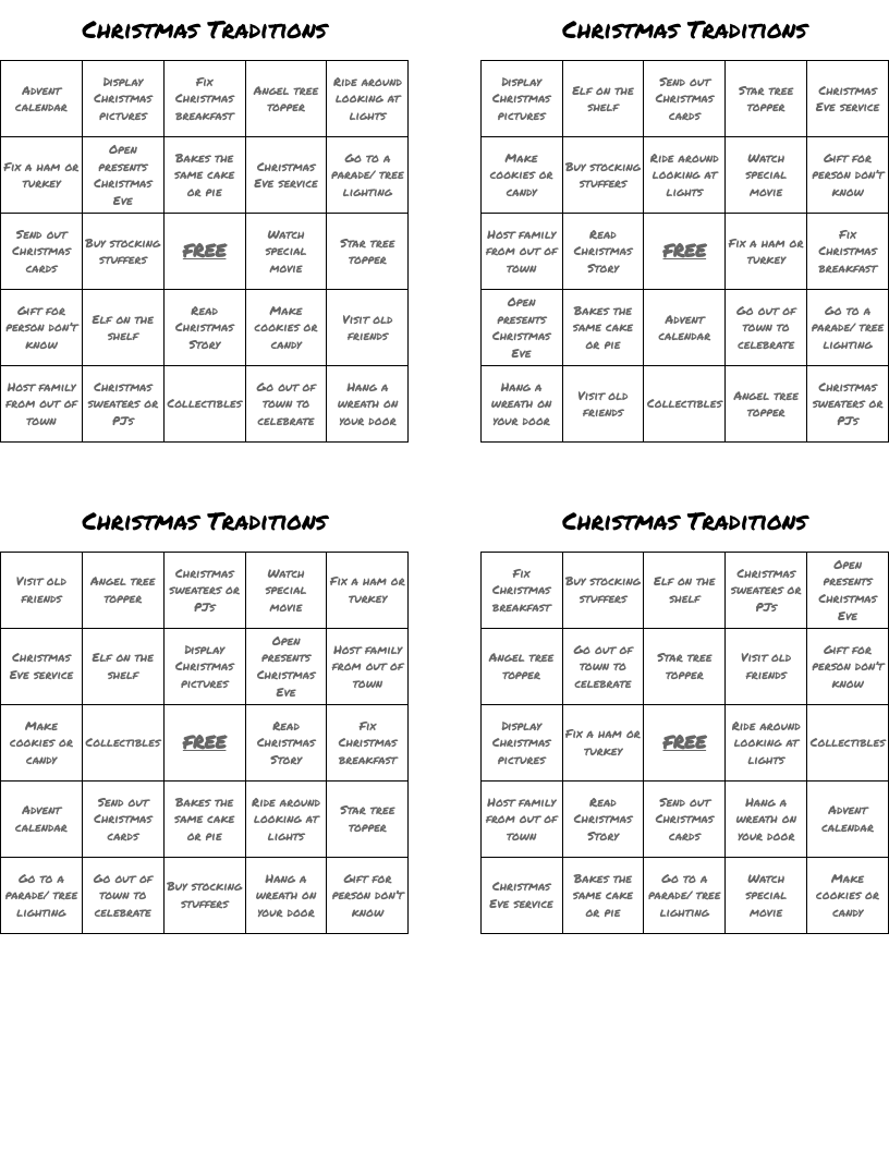 Christmas Traditions  Bingo Cards