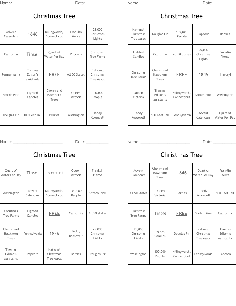 Christmas Tree Bingo Cards