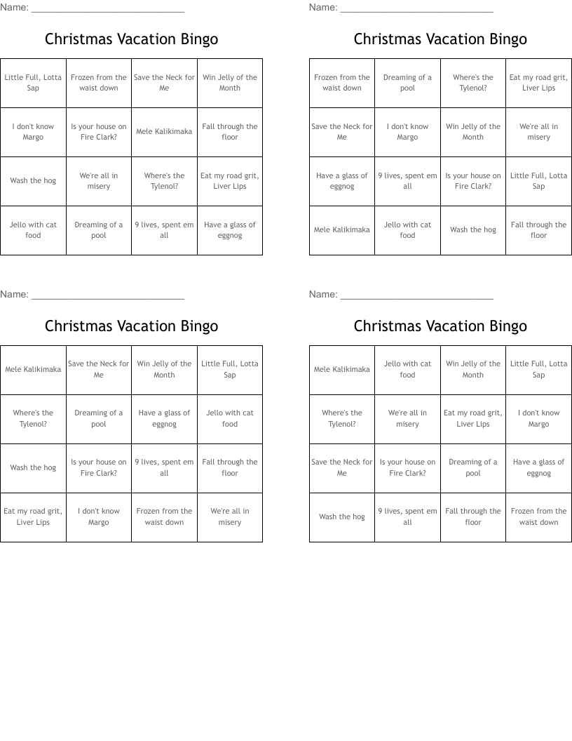 Christmas Vacation Bingo