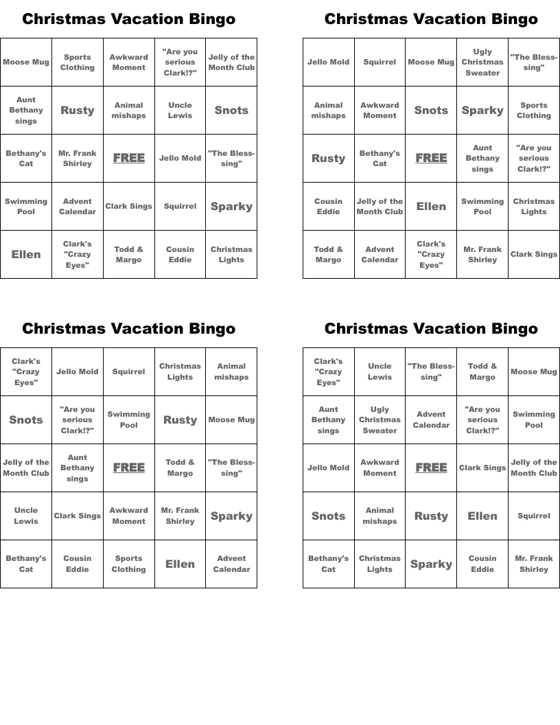 Christmas Vacation Bingo