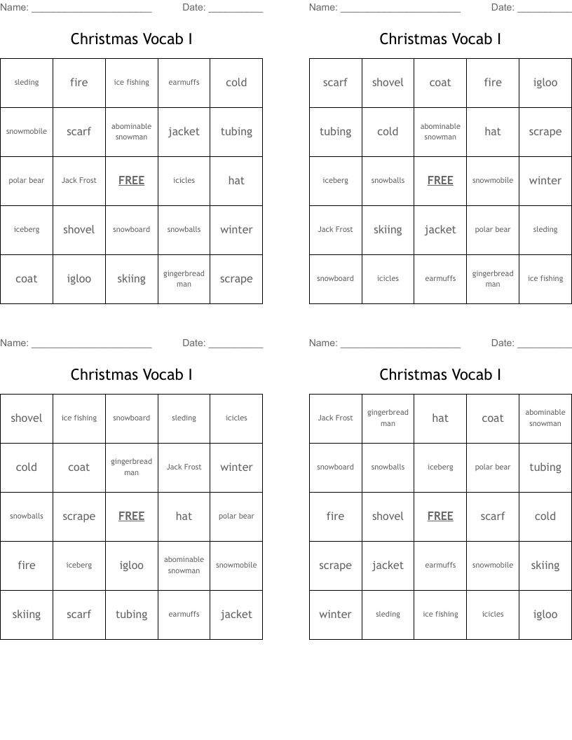 Christmas Vocab I Bingo Cards