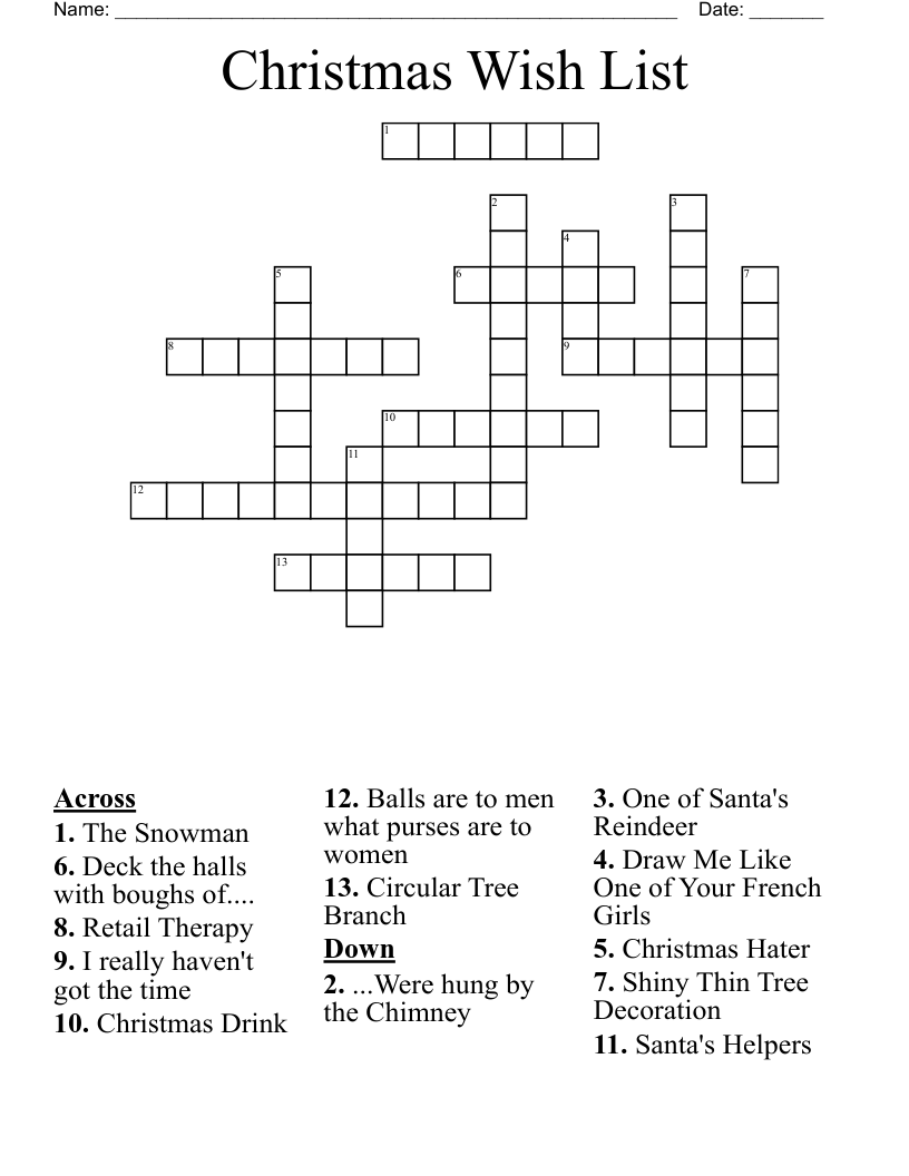 Christmas Wish List Crossword