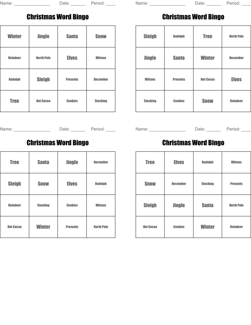 Christmas Word Bingo