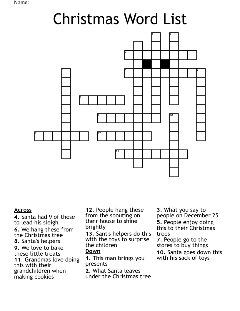 Christmas Word List Crossword