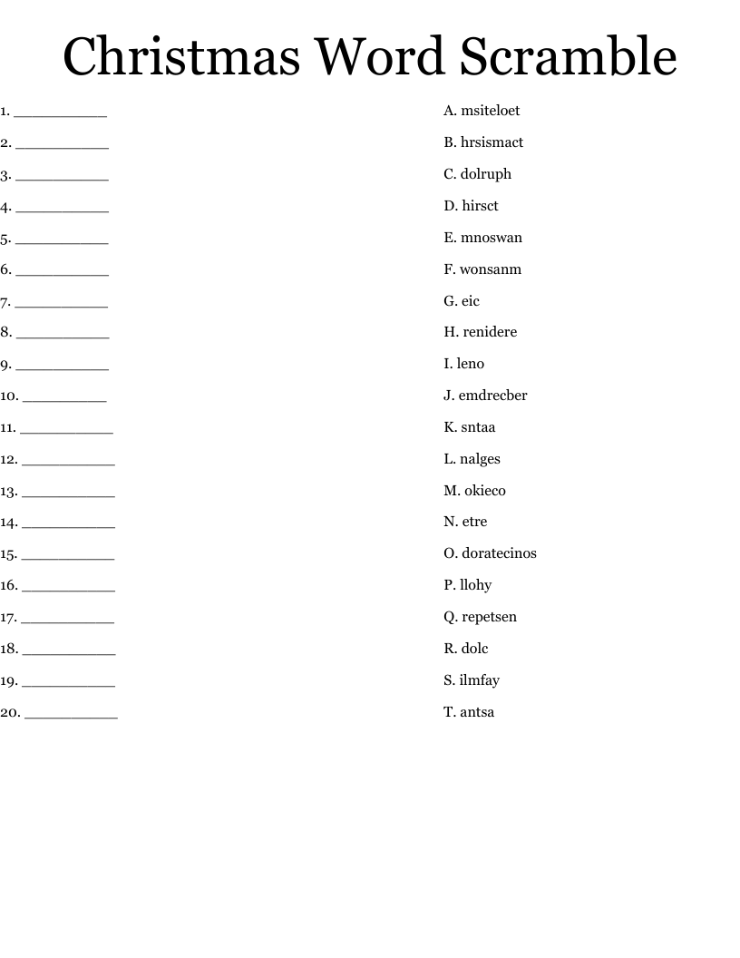 Christmas Word Scramble Worksheet