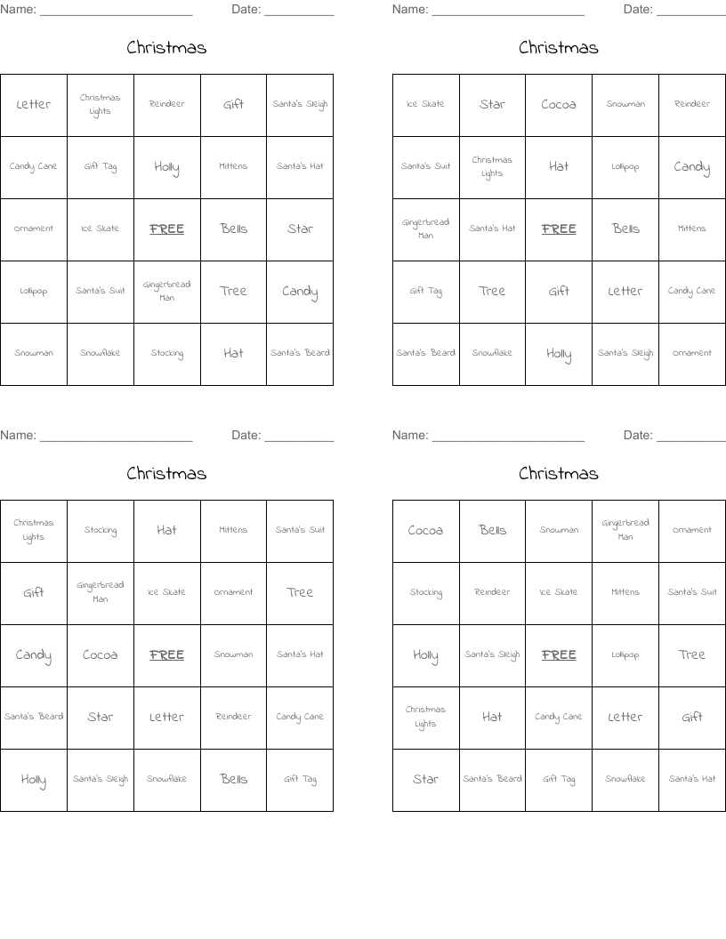 Christmas  Bingo Cards