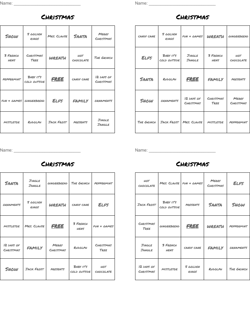 Christmas  Bingo Cards
