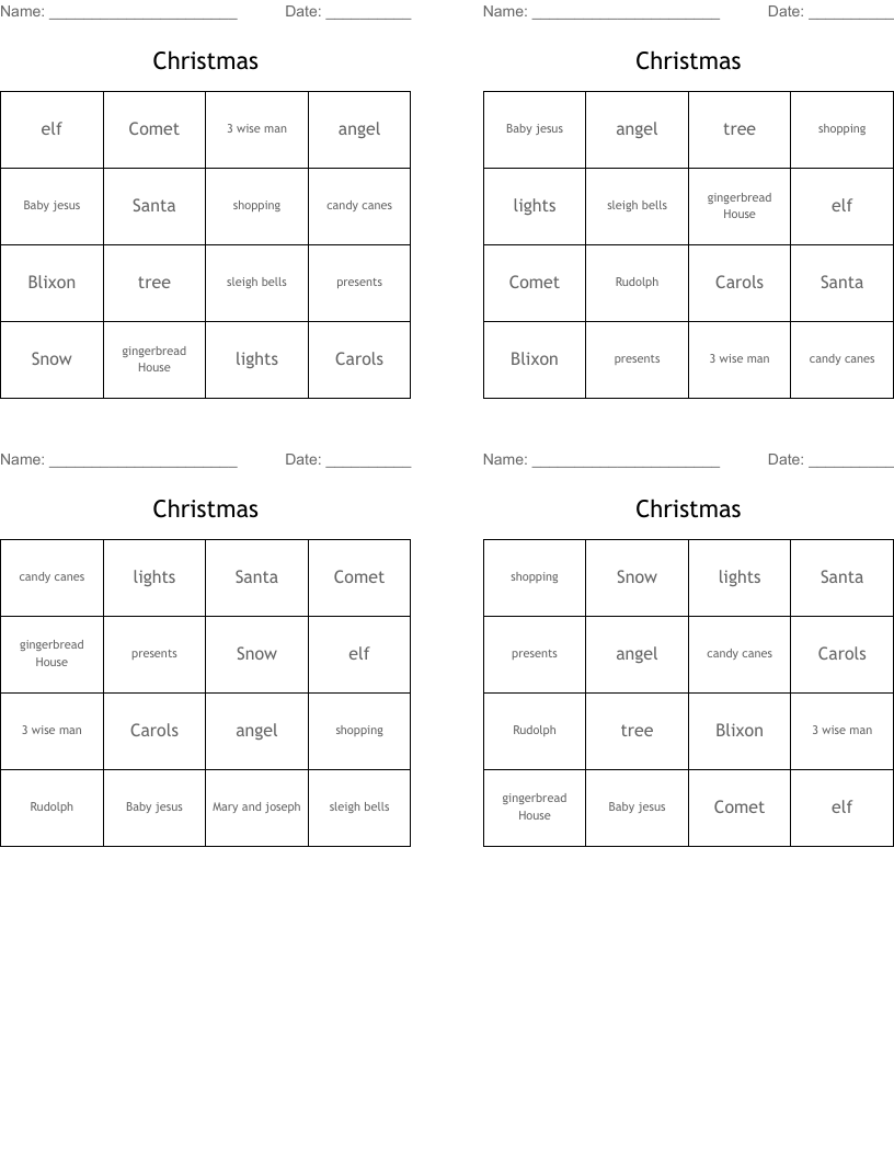 Christmas  Bingo Cards