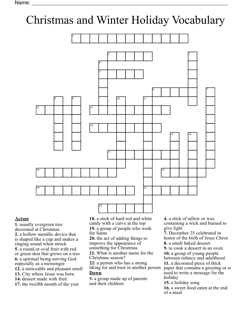 Christmas and Winter Holiday Vocabulary Crossword