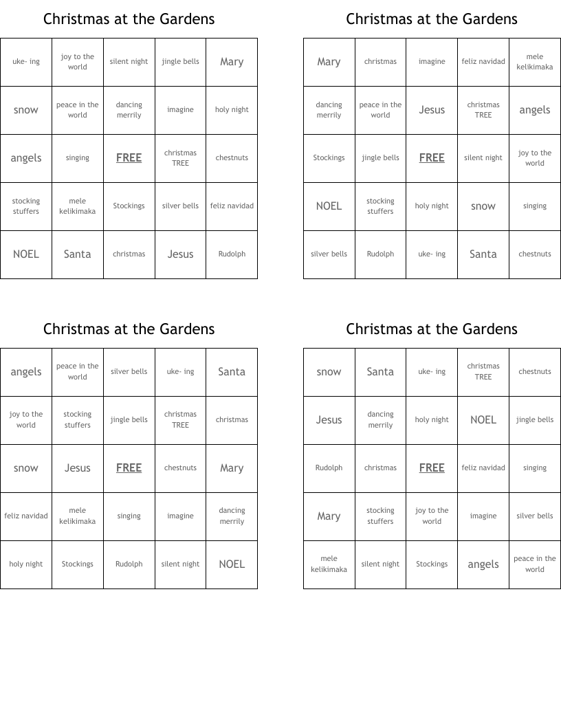 Christmas at the Gardens Bingo Cards