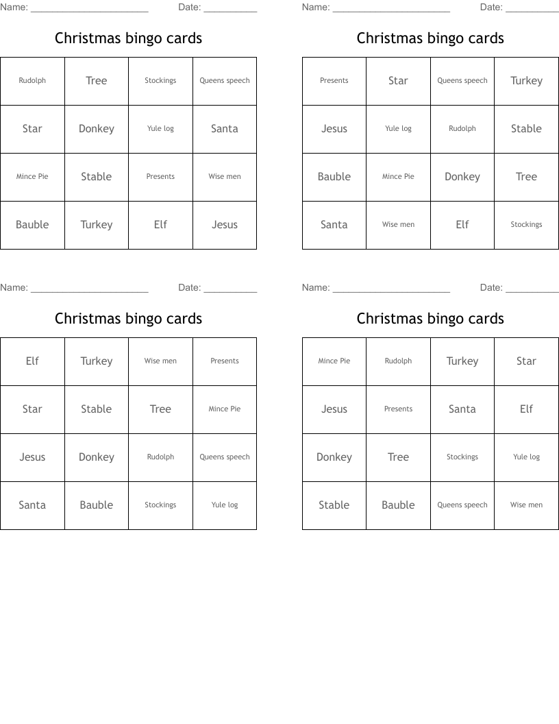 Christmas bingo cards
