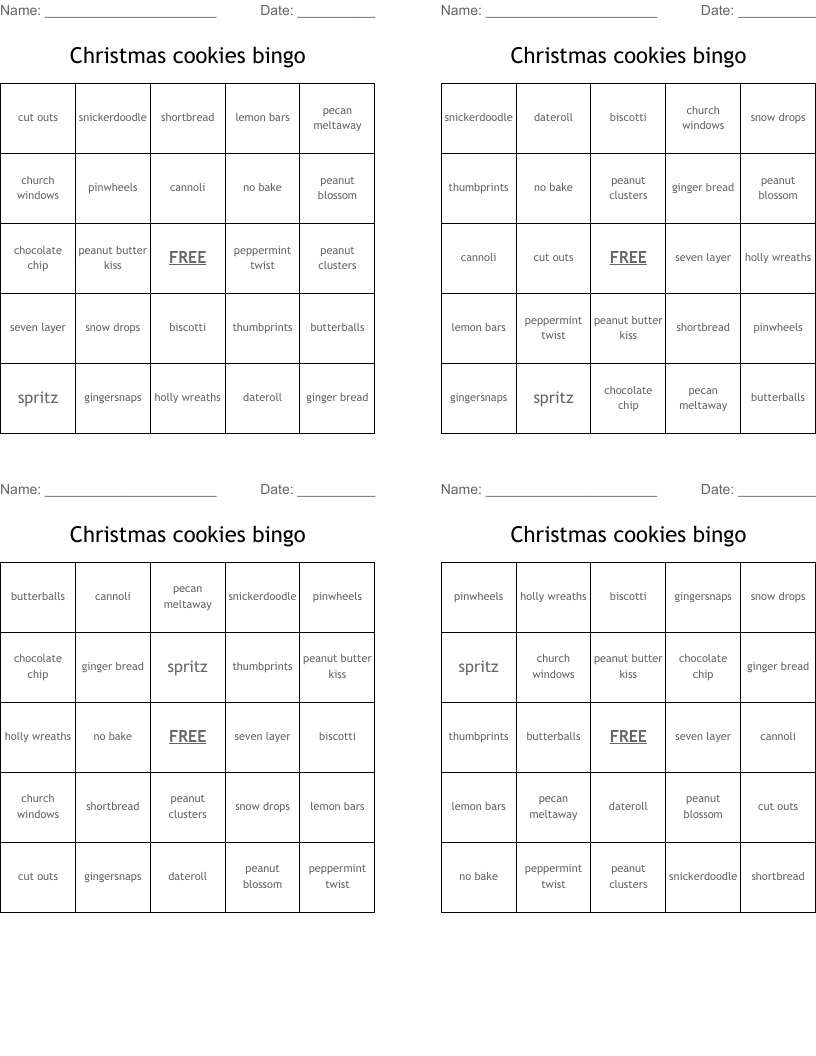 Christmas cookies bingo