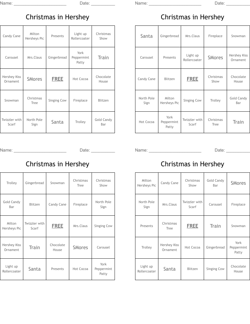 Christmas in Hershey Bingo Cards