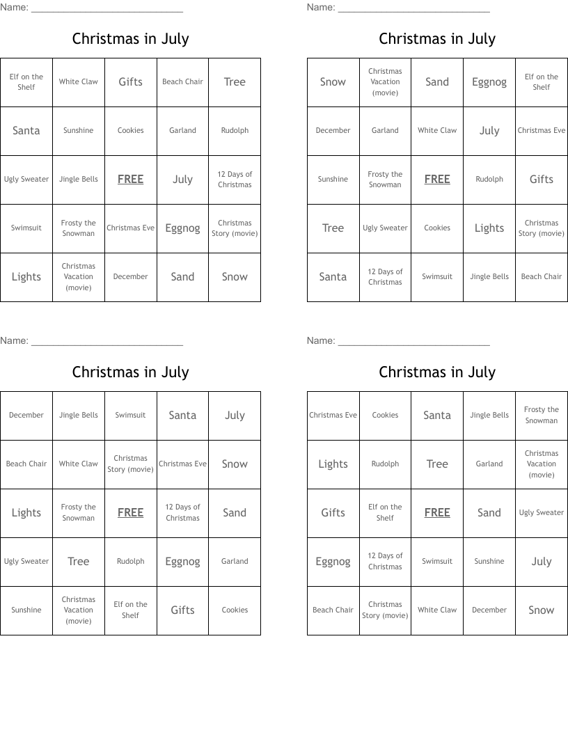 Christmas in July Bingo Cards