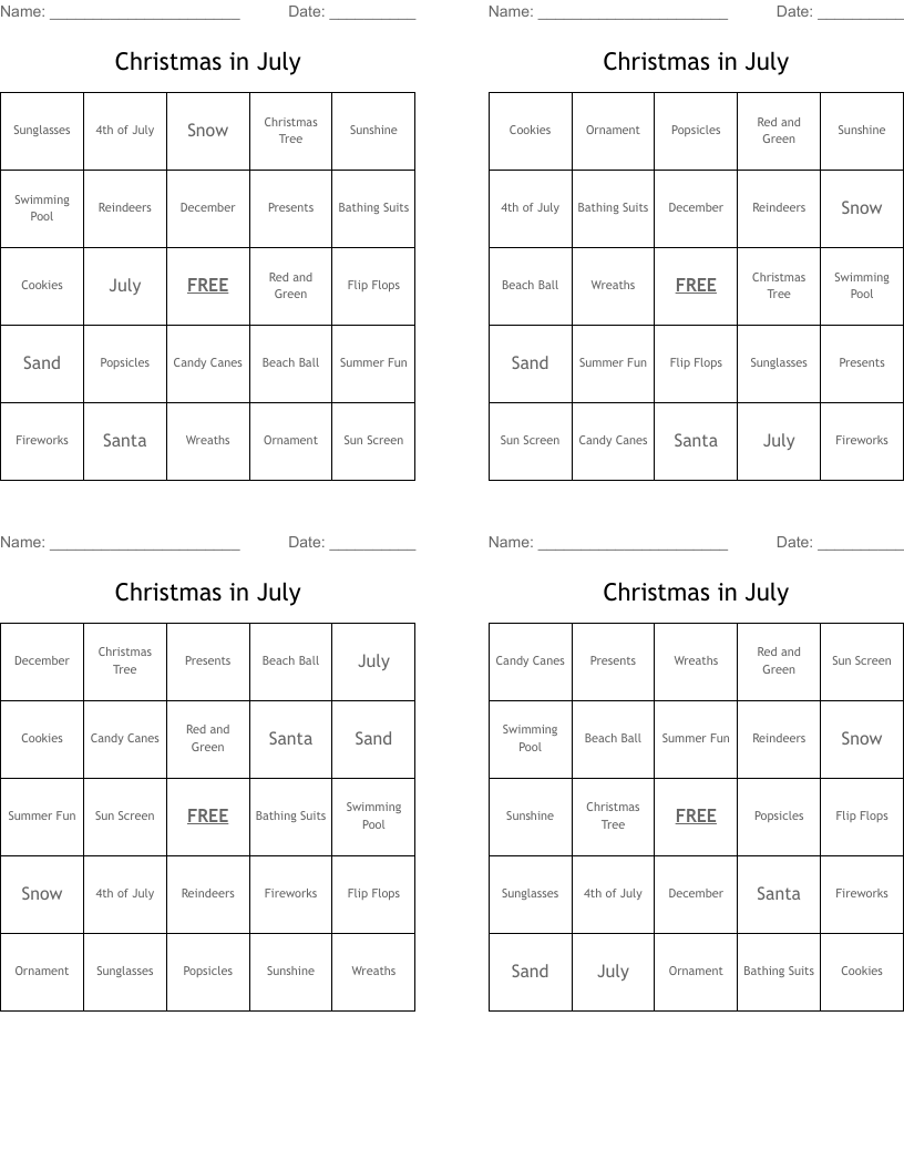 Christmas in July Bingo Cards