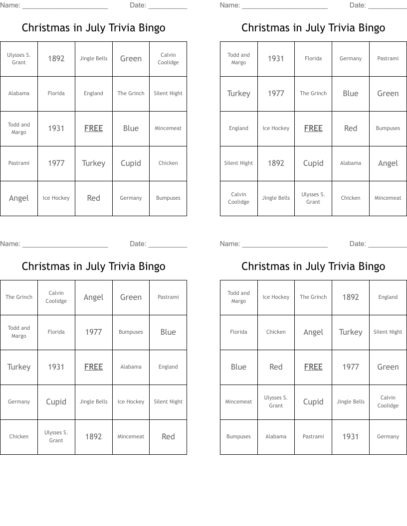 Christmas in July Trivia Bingo