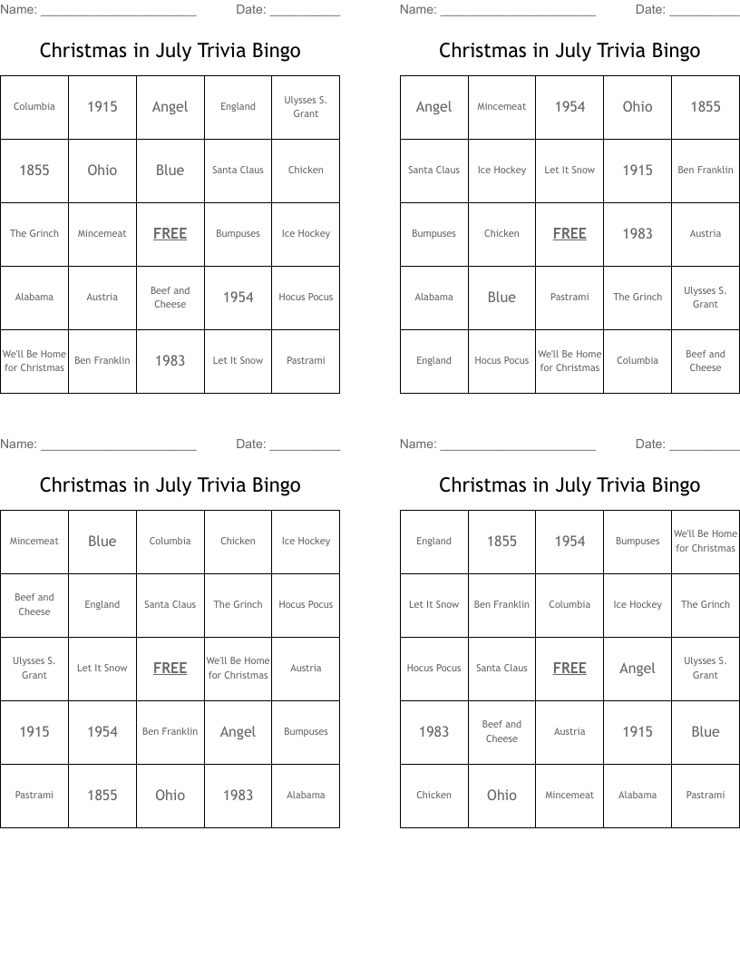 Christmas in July Trivia Bingo