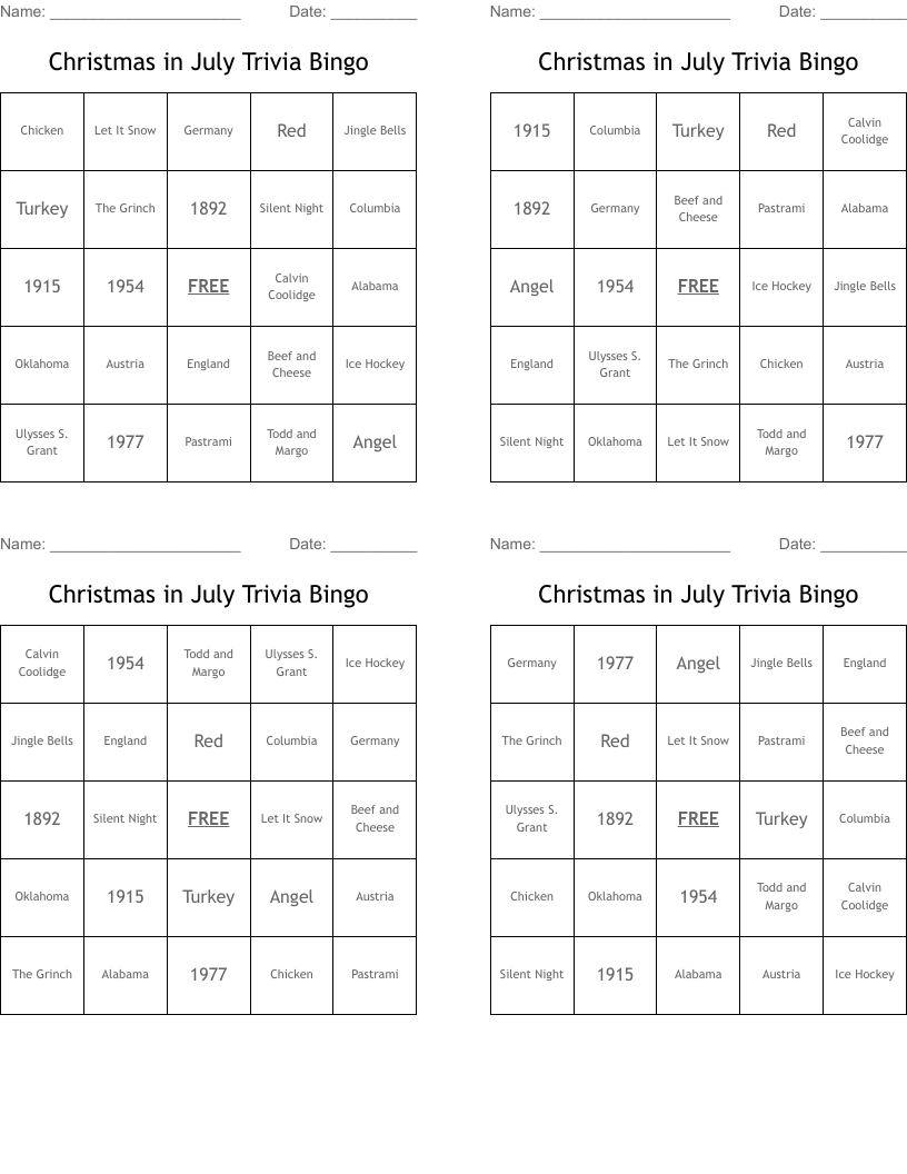 Christmas in July Trivia Bingo