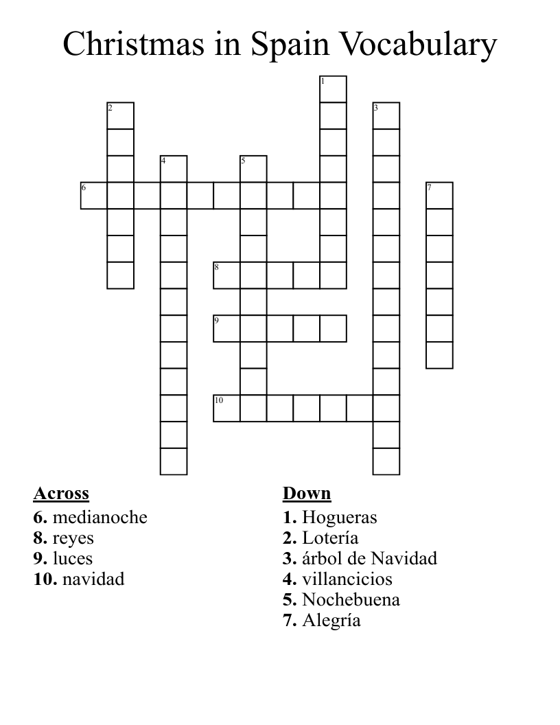 Christmas in Spain Vocabulary  Crossword