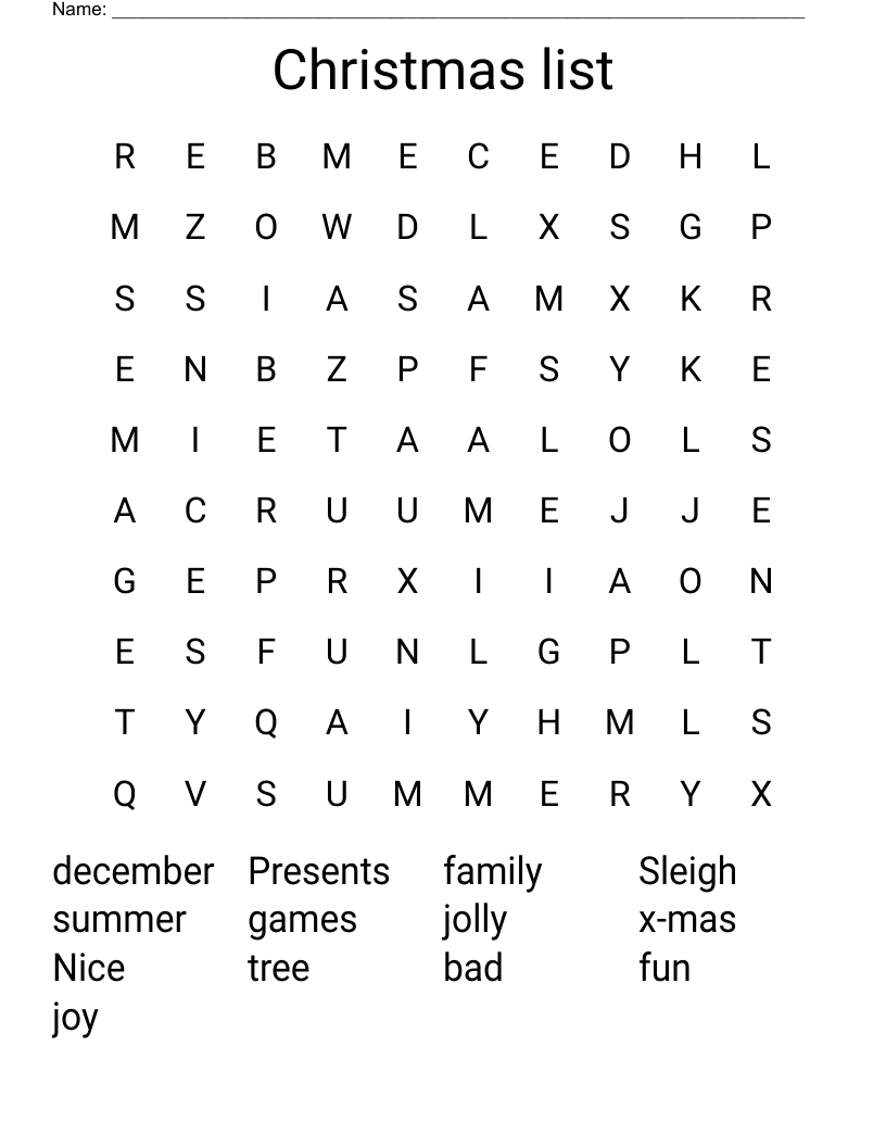 Christmas list Word Search