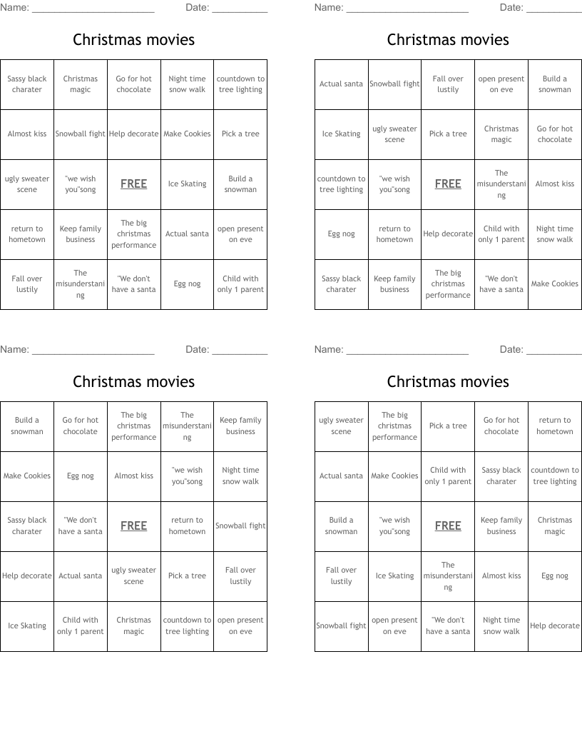 Christmas movies Bingo Cards