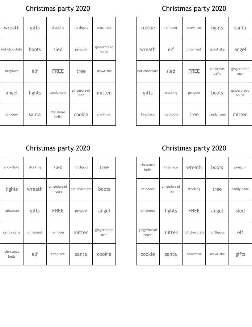 Christmas party 2020 Bingo Cards