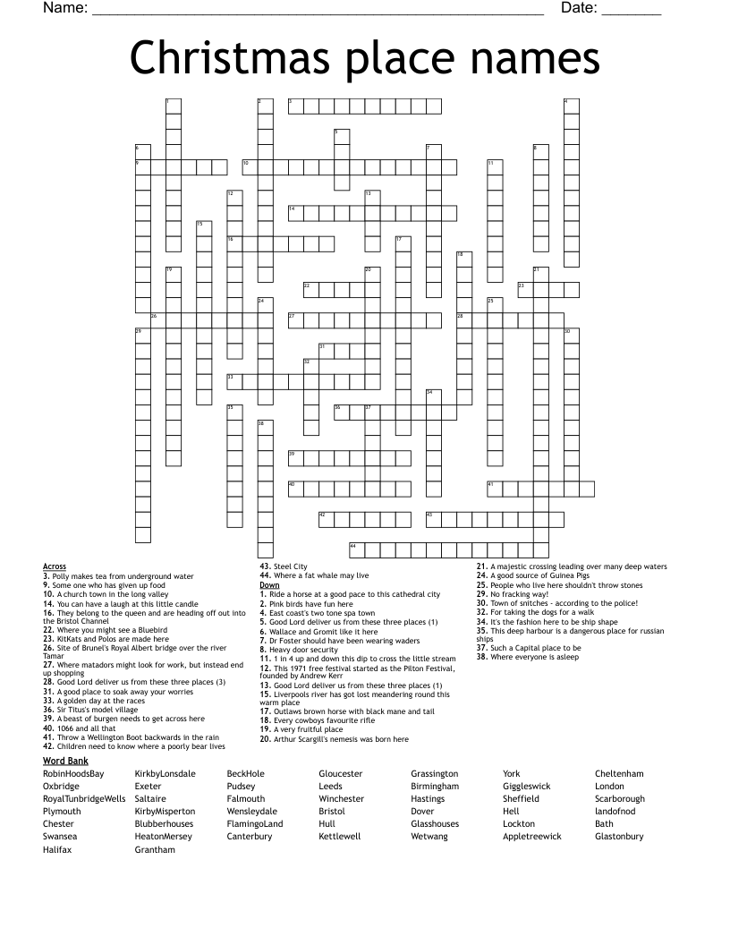 Christmas place names Crossword
