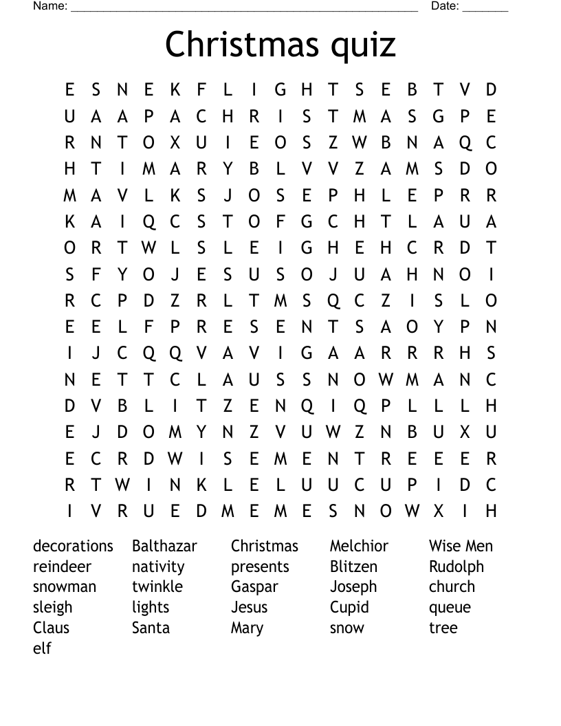 Christmas quiz Word Search