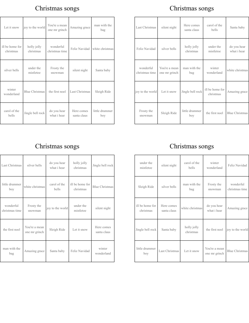 Christmas songs Bingo Cards
