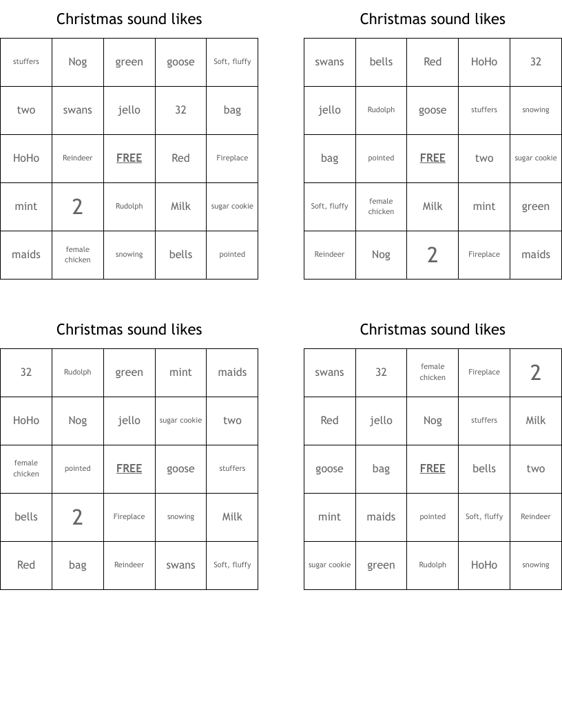 Christmas sound likes Bingo Cards