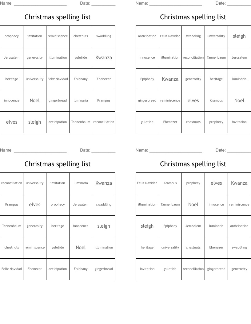Christmas spelling list Bingo Cards