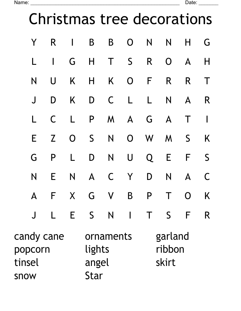 Christmas tree decorations Word Search